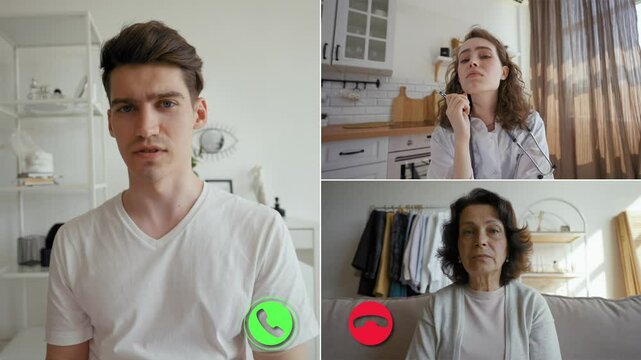 A young man and a woman engage in a split screen call, discussing something important with an elderly woman. The setting highlights their respective environments while they maintain communication.