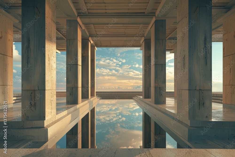 Poster reflective pool beneath a symmetrical colonnade with a cloudy sky, explore the concept of symmetry a