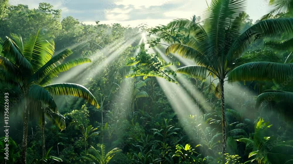 Aufkleber sunlight filters through lush foliage in a tropical rainforest at dawn, creating a serene and magica