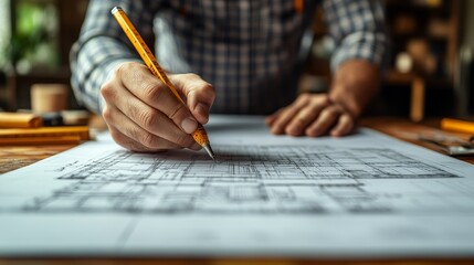 A man working on an architectural design project, sketching on a blueprint in a creative studio, illustrating the process of construction, industrial engineering, and eco-friendly planning.
