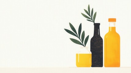 Olive Oil Bottles with Olive Branch, Stylish illustration of olive oil bottles and olive branch.