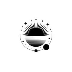 Celestial Sunrise Logo: Minimalist Sun, Stars, & Moon Design