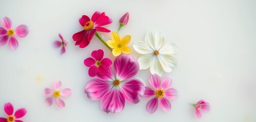 Fototapeta premium Vibrant spring blooms suspended in milky water, artistic still life, photography, liquid
