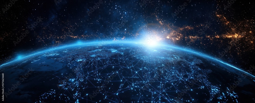 Poster futuristic earth in space with digital connections and cybernetic network for global communication a