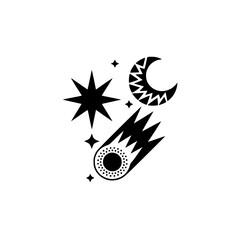 Minimalist Celestial Icon Set - Moon, Stars, Comet, Black & White Vector