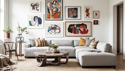 Explore the charm of contemporary boho living with a curved modular sofa sculptural coffee table and eclectic gallery wall