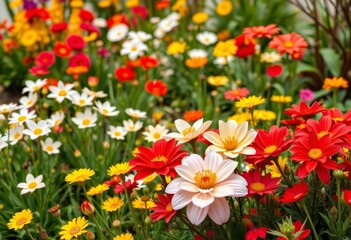 Obraz premium Vibrant spring garden with white, red, and yellow flowers, yellow flowers, spring flowers background