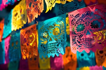 Vibrant papel picado decorations featuring skull designs hang in a Mexican street, Embrace the iconic imagery of colorful papel picado banners and skeleton motifs