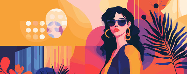 Stylish woman with sunglasses amidst tropical leaves and abstract background - vector.
