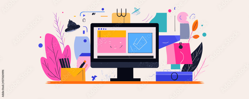 Poster creative workspace with computer monitor and colorful abstract art elements - vector.