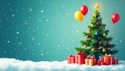 Fototapeta premium Vector illustration of stylized Christmas tree with gifts and balloons, vector, illustration, tree