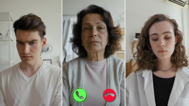 Three individuals engage in a split screen online call, focusing on a serious discussion regarding family issues. Each participant shows a different emotional response.
