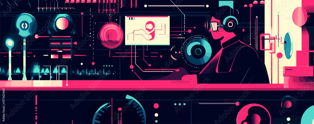Poster futuristic control room with person in headphones and digital display interface vector.