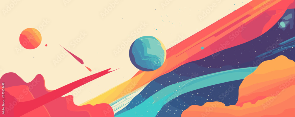 Poster colorful abstract outer space scene with planets and cosmic waves, digital art vector.