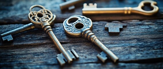 Fototapeta premium Vintage Keys on Wooden Surface for Security and Choice Concept Rustic Style