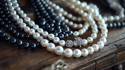 Elegant pearls and beads arranged beautifully on a wooden surface