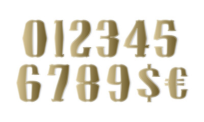 A set of golden numbers and currency symbols in a vintage style. Ideal for posters, branding, game design, retro signage, and stylish typography projects.