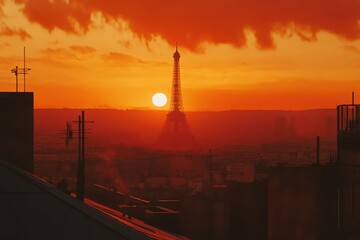 Stunning orange sunset over Parisian rooftops with the Eiffel Tower silhouetted against a vibrant sky, Orange sunset from a Parisian rooftop overlooking the Eiffel Tower