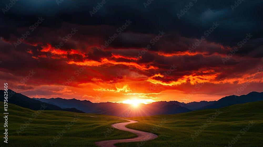 Aufkleber dark clouds sunset horizon with fiery clouds and glowing sky concept. a breathtaking view of a sunse