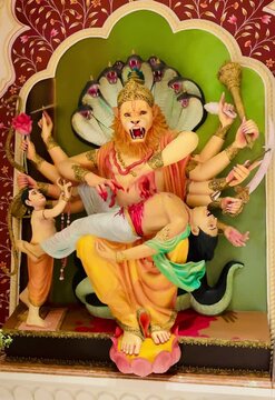 Lord Narsimha God Statue in the Temple, south india culture and tradition.