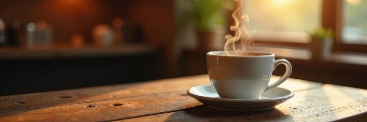 Warm coffee cup on wooden table, steam rising, cozy atmosphere, coffee, warm, comfort