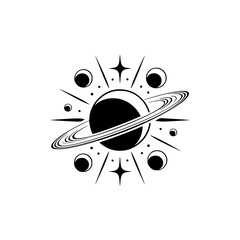 Minimalist Celestial Illustration: Saturn, Moons, and Stars in Black and White