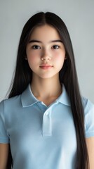Portrait of a Young Asian Woman with Long Black Hair Wearing a Light Blue Polo Shirt