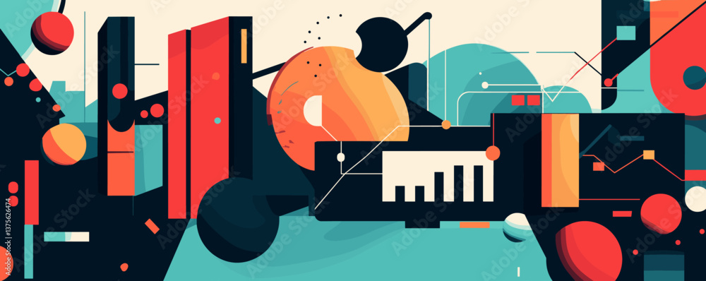 Poster abstract geometric art with bold shapes and graph elements in vibrant colors – vector.