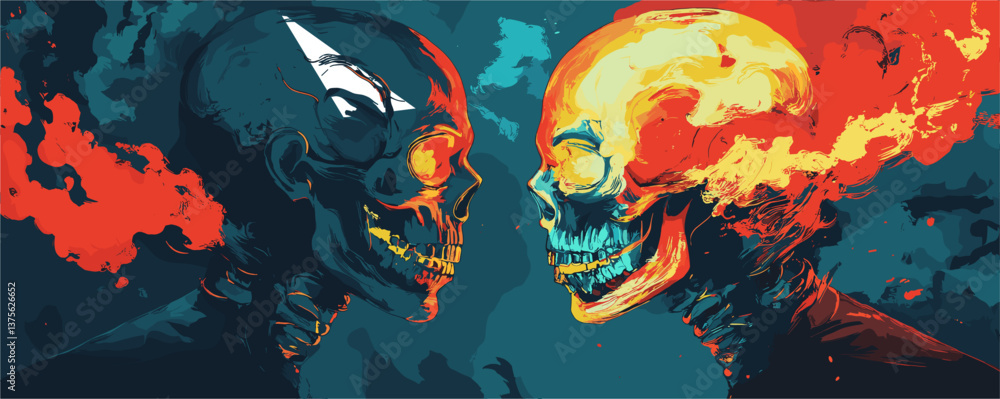 Poster fiery duel between two flaming skulls in dark background – vector.