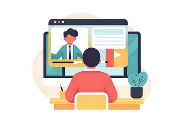 MOOCs Education Remote work illustration featuring a person in front of a computer screen during a video call.