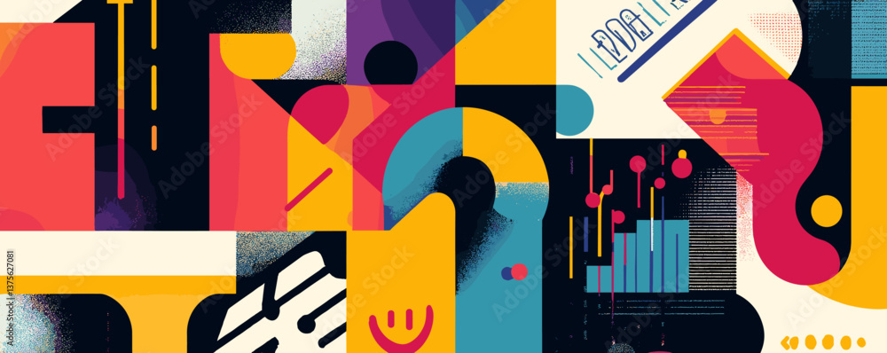 Poster abstract geometric art with various colorful shapes and patterns vector.