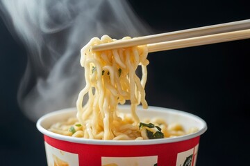 Eating Steaming Hot Cup Noodles with Chopsticks Against Dark Background