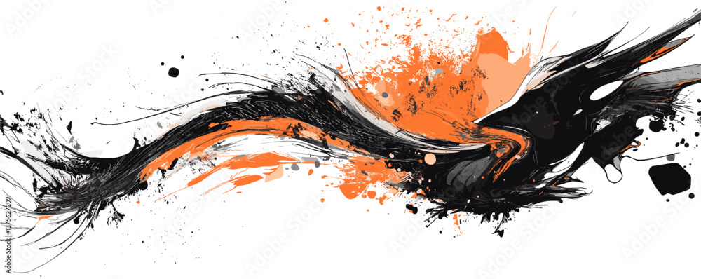 Poster abstract black and orange ink splash with dynamic brush strokes - vector.