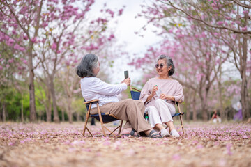 Two elderly women are sitting outdoors chairs in a park-like setting with pink scattered on the...