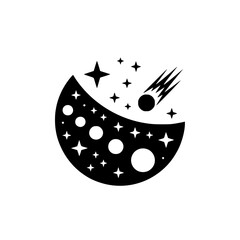 Black & White Space Logo: Crescent, Stars, and Comet.