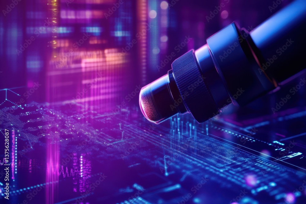 Aufkleber digital data processing and scope scanning technology highlighted by a microphone over a vibrant bac