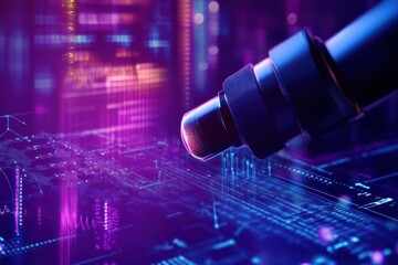 Digital data processing and scope scanning technology highlighted by a microphone over a vibrant background, scope scanning and digital data processing over purple background