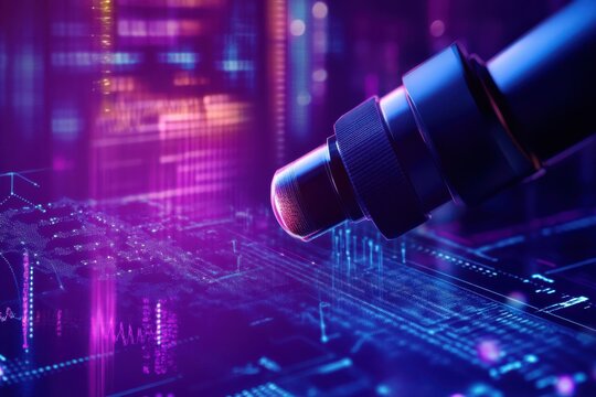 Digital data processing and scope scanning technology highlighted by a microphone over a vibrant background, scope scanning and digital data processing over purple background