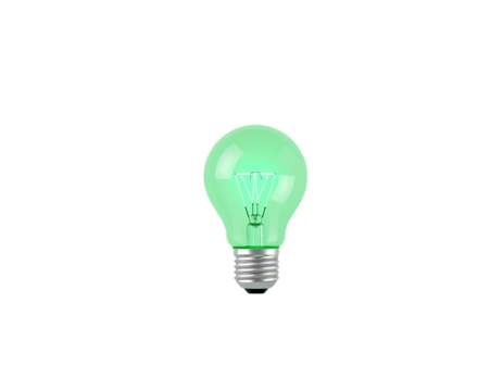 Green light bulb glowing on a transparent background.