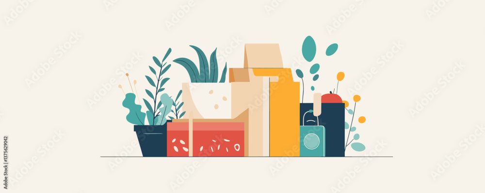 Poster potted plants and cardboard boxes with geometric patterns in minimalist style vector.