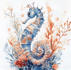 Watercolor illustration of blue seahorse surrounded by coral and sea plants on white background