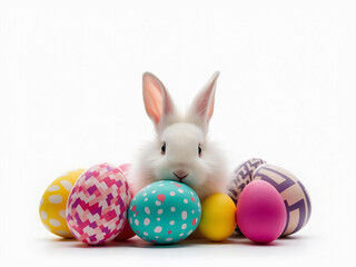 An Easter bunny is surrounded by Easter eggs