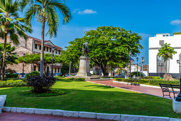 A view across a park in old colonial Panama City in the early morning in springtime