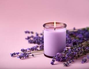 lavender scented candle with purple flowers on soft pink background