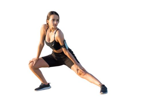 A sporty slim girl in leggings and a top is standing with a training mat, resting between exercises.