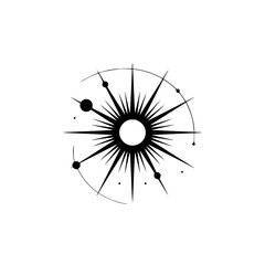 Obraz premium Abstract Celestial Illustration: Sunburst with Planets in Minimalist Style