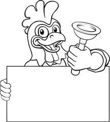 A chicken rooster plumber handyman plumbing construction cartoon mascot man holding a drain plunger tool.