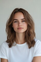 Fototapeta premium Portrait of a Young Woman with Natural Makeup and Shoulder-Length Wavy Hair