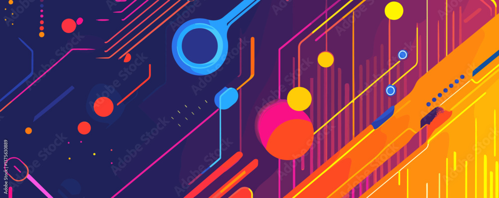 Poster abstract geometric tech lines with vibrant colors on dark background - vector.