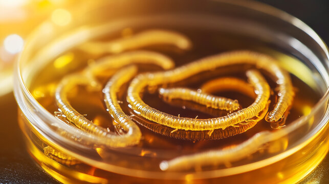Microscopic view of parasitic worms in a petri dish, surrounded by lab equipment, symbolizing medical research and health concerns in scientific studies.